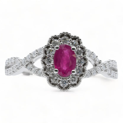 14K White Gold Oval Ruby With Diamond Halo And Twist Shank Ring