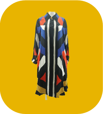 Colorful geometric-patterned dress on a yellow background