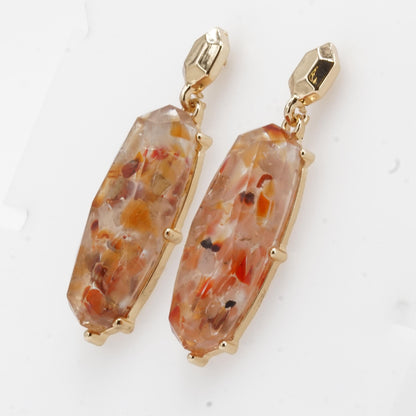 Gold Tone Drop Earrings With Oval Speckled Orange And Brown Clear Stone