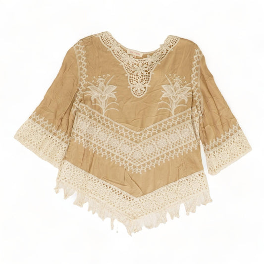 Tan Embroidered Detail 3/4 Sleeve Blouse