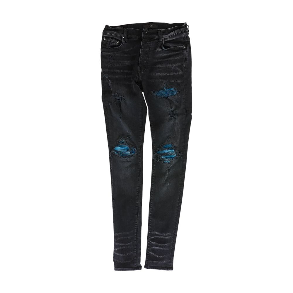 Aged Black MX1 Cracked Blue Leather Jeans – Unclaimed Baggage