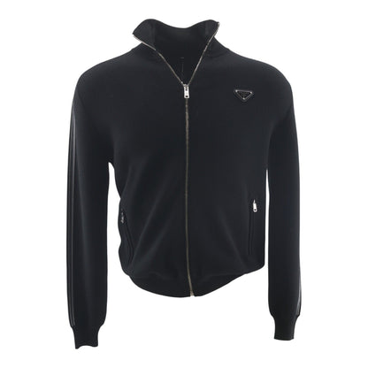 Black Solid Triangle Logo Wool Full Zip Sweater