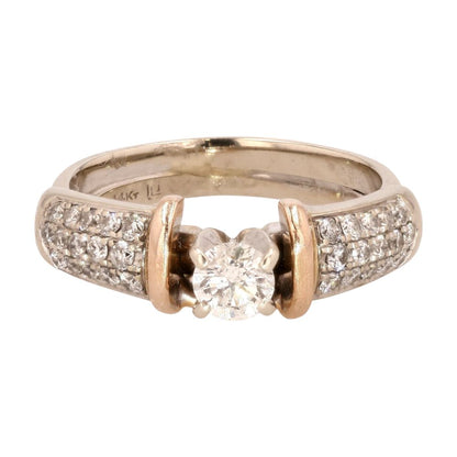 14K Two Tone Gold Soldered Round Diamond Center And Accents Engagement Ring Set