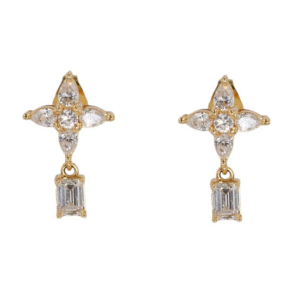 1.50 ct 14K Gold Round Clover With Emerald Cut Lab Grown Diamond Drop Earrings