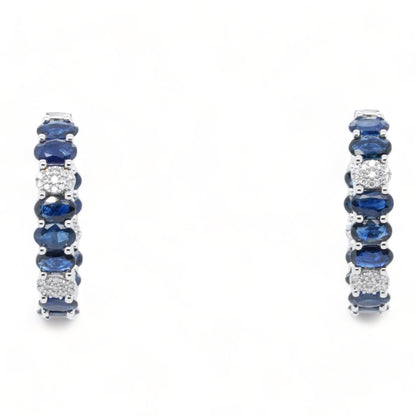 14K White Gold Oval Blue Sapphire And Diamond Cluster Inside Out Hoop Earrings
