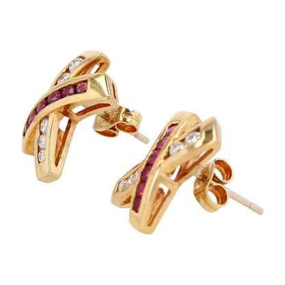 14K Gold Ruby And Diamond Criss Cross Stud Earrings