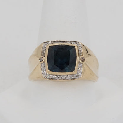 14K Gold Signet Ring with London Blue Topaz and White and Chocolate Diamonds
