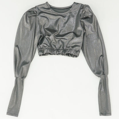 Silver Solid Long Sleeve Blouse