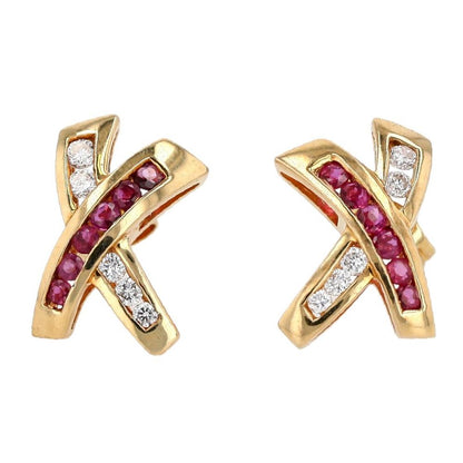 14K Gold Ruby And Diamond Criss Cross Stud Earrings