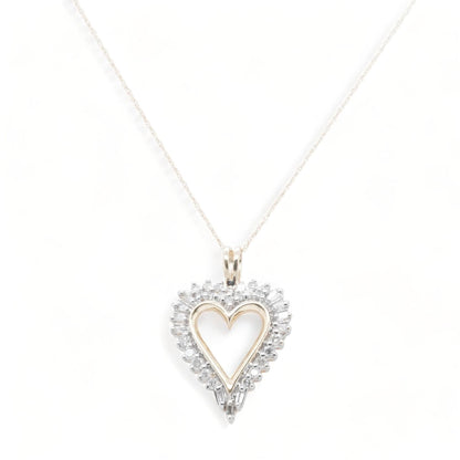 10K Gold Round And Baguette Diamond Heart Pendant Necklace