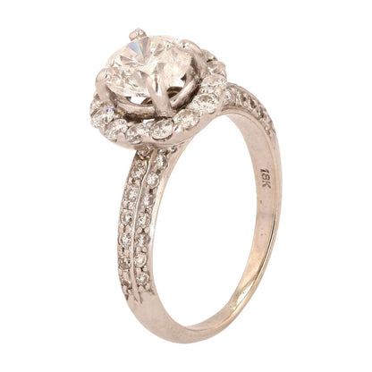 18K White Gold Round Diamond With Diamond Halo Engagement Ring