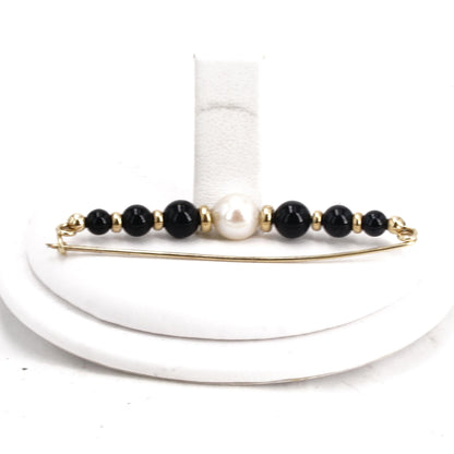 14K Gold Bead, Pearl And Onyx Safety Pin Style Brooch