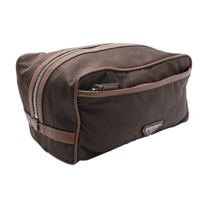 Green-Brown Re-Nylon and Leather Toiletry Pouch