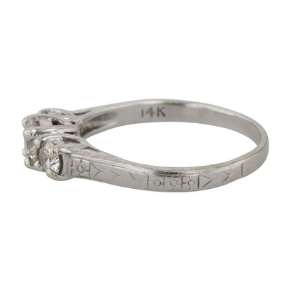 .20 ct , .33 ct 14K White Gold Three Diamond Engagement Ring W/ Engraved Shank
