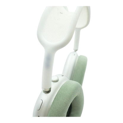 Silver AirPods Max (Lightning) with Green Earpads