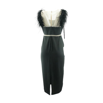 Black Solid Feather Midi Dress