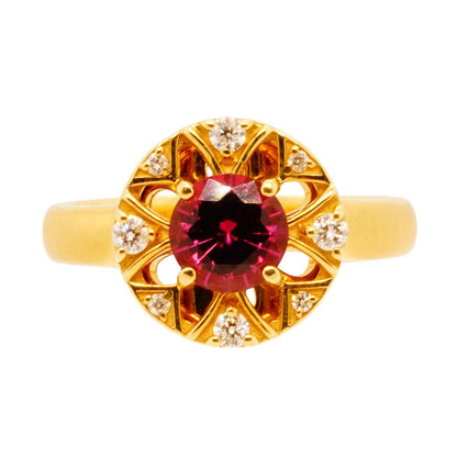 18K Gold Round Rhodolite Garnet With Diamond Accents Cocktail Ring