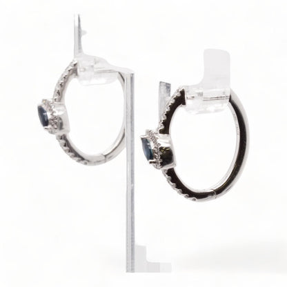 10K White Gold Diamond Hoop Earrings With Sapphire Center
