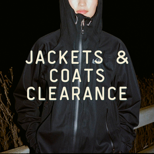 Person wearing a black jacket with 'Jackets & Coats Clearance' text overlay.