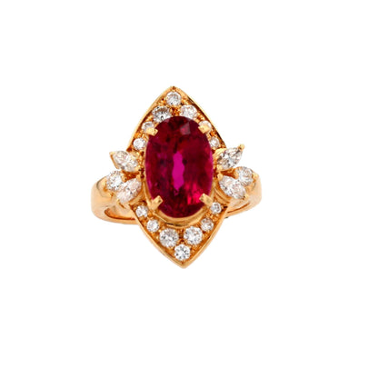 18K Gold Oval Rubellite With Round And Marquise Diamond Accents Ring