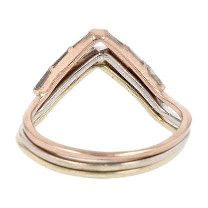 14K Tri Tone Gold Straight Baguette Lab Grown Diamond Chevron Three Piece Bands