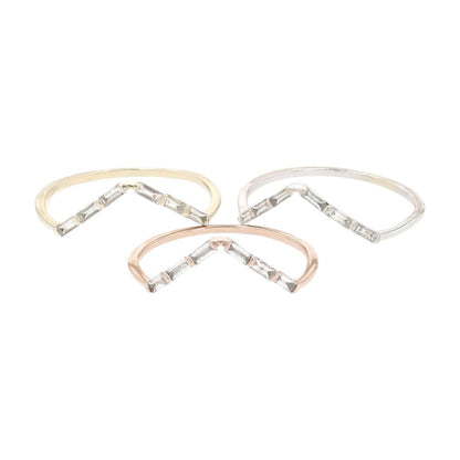 14K Tri Tone Gold Straight Baguette Lab Grown Diamond Chevron Three Piece Bands