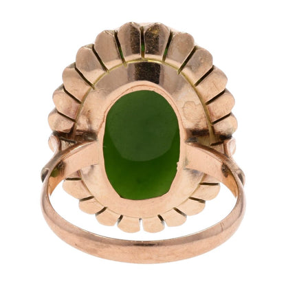 14K Gold Large Oval Green Stone Cabochon Cocktail Ring