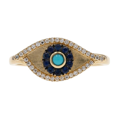 14K Gold Diamond, Sapphire, And Turquoise Eye Motif Cocktail Ring
