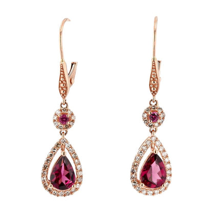 14K Rose Gold Pear Shaped Rhodolite Garnet With Diamond Halo Dangle Earrings