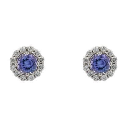 14K White Gold Round Tanzanite Center With Diamond Halo Stud Earrings