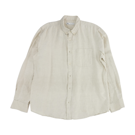 Beige Solid Long Sleeve Button Down