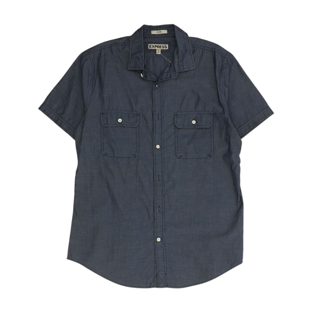 Blue Solid Short Sleeve Button Down