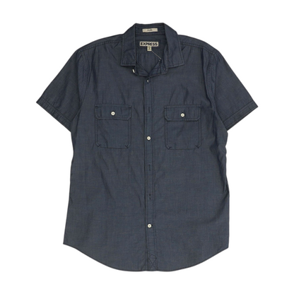 Blue Solid Short Sleeve Button Down