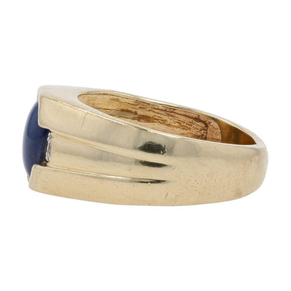 10K Gold Oval Blue Star Stone Cabochon With Round Diamond Accents Cocktail Ring