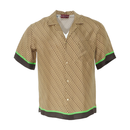 Tan All-Over Print Logo Silk Bowling Shirt