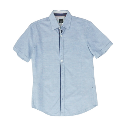 Blue Solid Short Sleeve Button Down