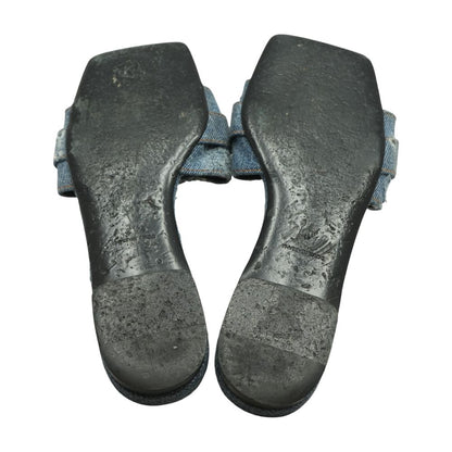 Blue Patchwork Denim Slides with Rhinestone Buckle