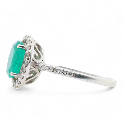 14K White Gold Oval Emerald With Diamond Halo Ring