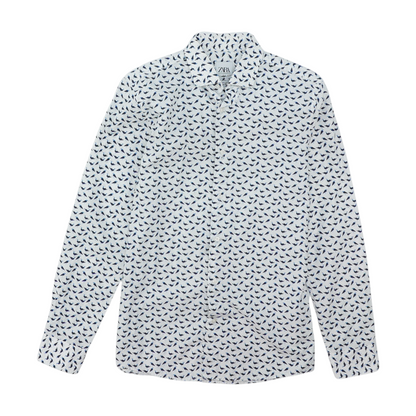 White Graphic Long Sleeve Button Down