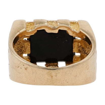 14K Gold Rectangle Black Stone Grooved Signet Ring