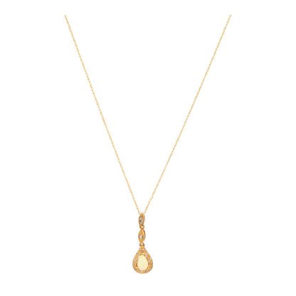 14K Gold Pear Shaped Opal With Diamond Halo Pendant Necklace