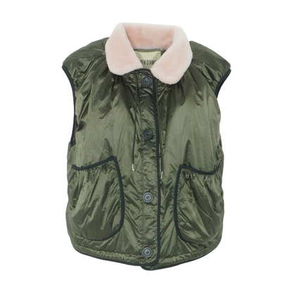 Olive Shearling Collar and Parachute Quilted Vest
