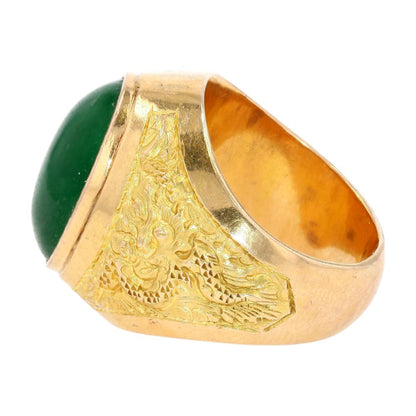 18K Gold Large Oval Green Stone Dragon Motif Signet Ring