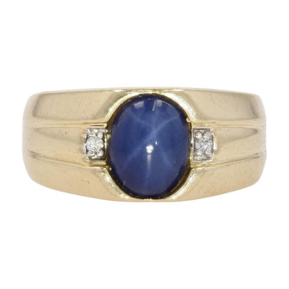 10K Gold Oval Blue Star Stone Cabochon With Round Diamond Accents Cocktail Ring