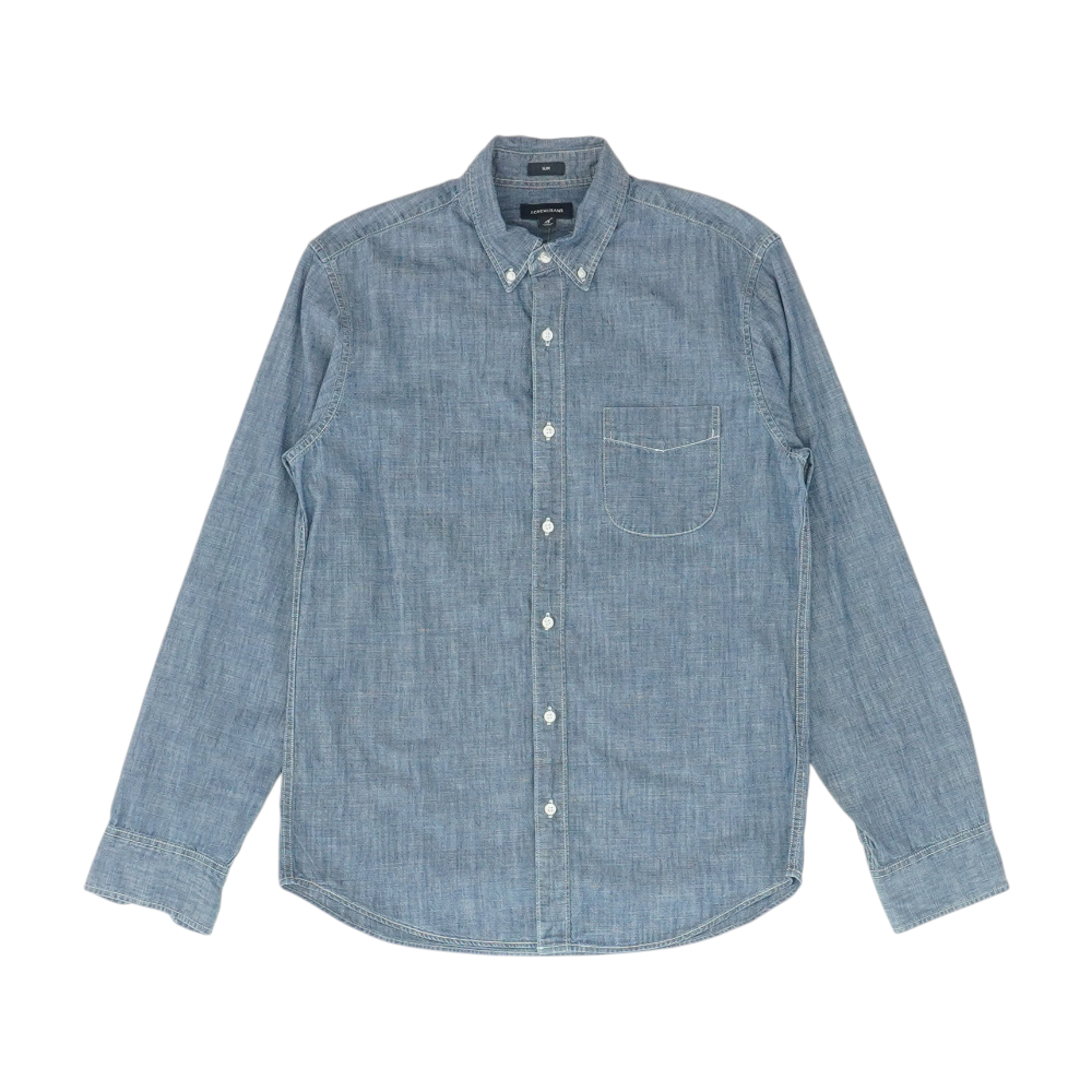 Blue Solid Long Sleeve Button Down