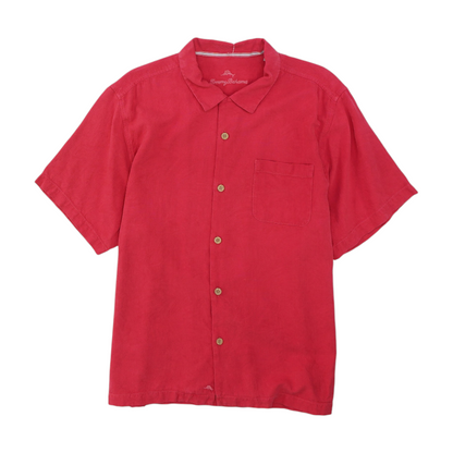 Red Solid Short Sleeve Button Down