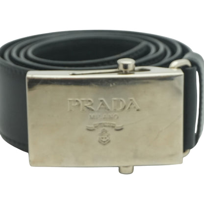 Black Saffiano Leather Metal Logo Plaque Buckle