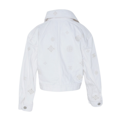 Spring 2021 White Embossed Interlocking CC & Camellia Accent Denim Jacket