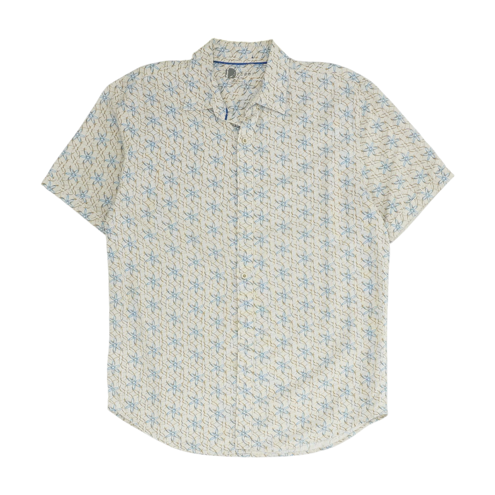 Beige Floral Short Sleeve Button Down