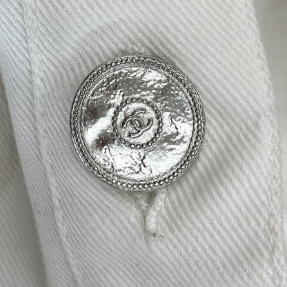Spring 2021 White Embossed Interlocking CC & Camellia Accent Denim Jacket